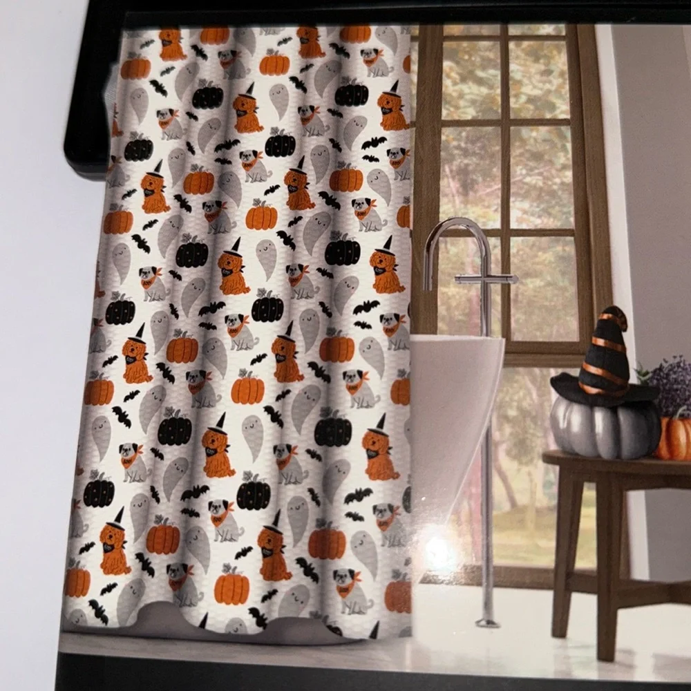 NWT Boo! Halloween Shower Curtain Dogs in Costumes Pumpkins Bats Ghosts